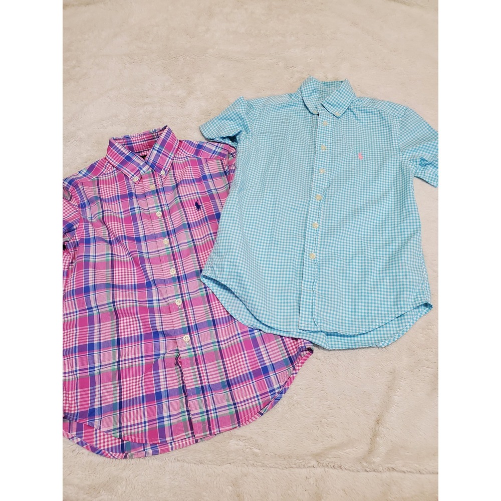 Ralph Lauren Blue Label White Pink Plaid Classic Set of 2 Button Shirt Boy 8
